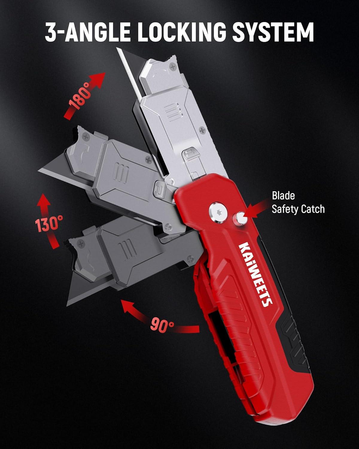imageKAIWEETS Utility Knife Scraper 2in1 Folding Box Cutter with Blade Storage Heavy Duty Zinc Alloy Body Retractable Design 12pcs SK2 Black Blades replacement EDC Tool for Home Office DIY Red