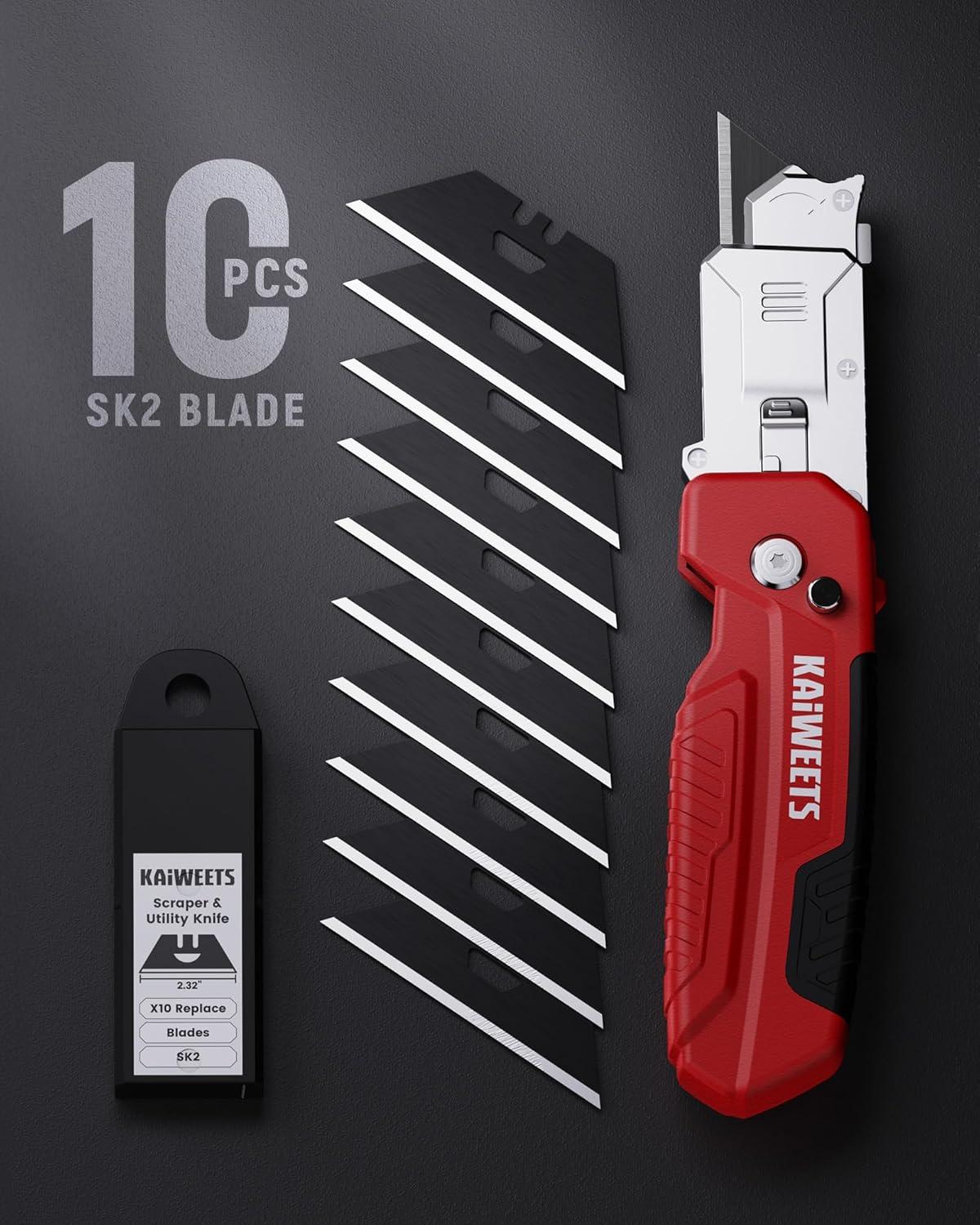 imageKAIWEETS Utility Knife Scraper 2in1 Folding Box Cutter with Blade Storage Heavy Duty Zinc Alloy Body Retractable Design 12pcs SK2 Black Blades replacement EDC Tool for Home Office DIY Red