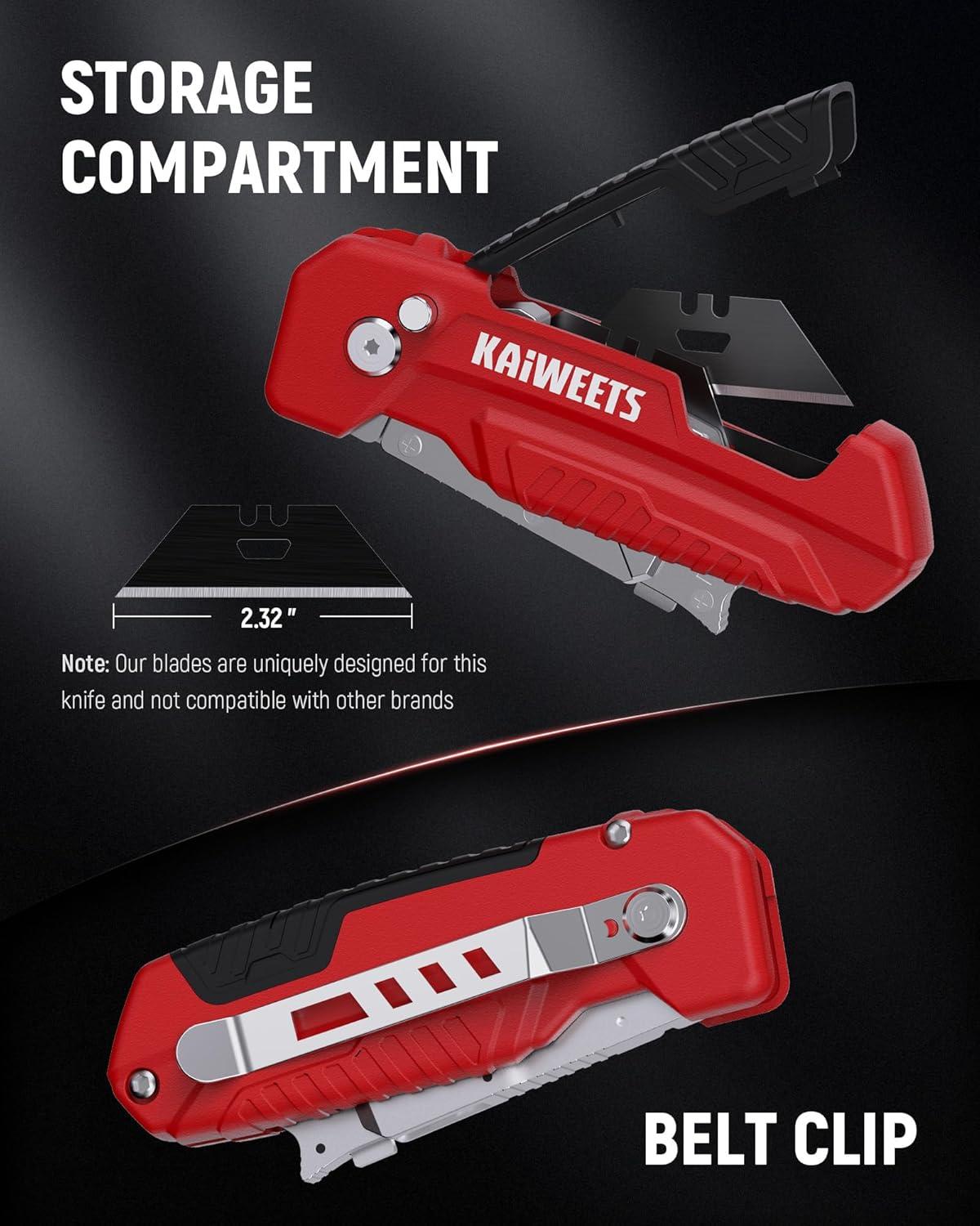 imageKAIWEETS Utility Knife Scraper 2in1 Folding Box Cutter with Blade Storage Heavy Duty Zinc Alloy Body Retractable Design 12pcs SK2 Black Blades replacement EDC Tool for Home Office DIY Red