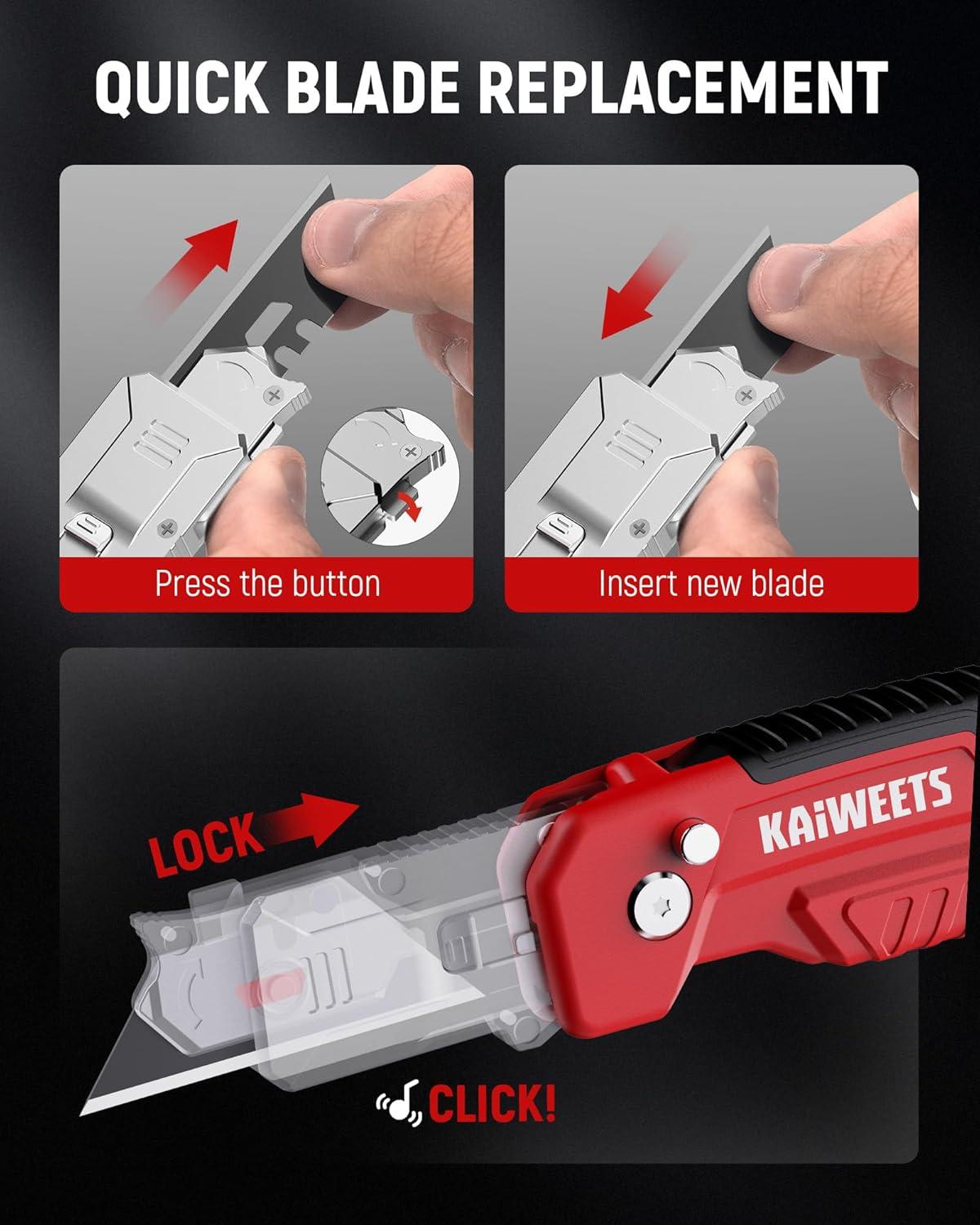 imageKAIWEETS Utility Knife Scraper 2in1 Folding Box Cutter with Blade Storage Heavy Duty Zinc Alloy Body Retractable Design 12pcs SK2 Black Blades replacement EDC Tool for Home Office DIY Red