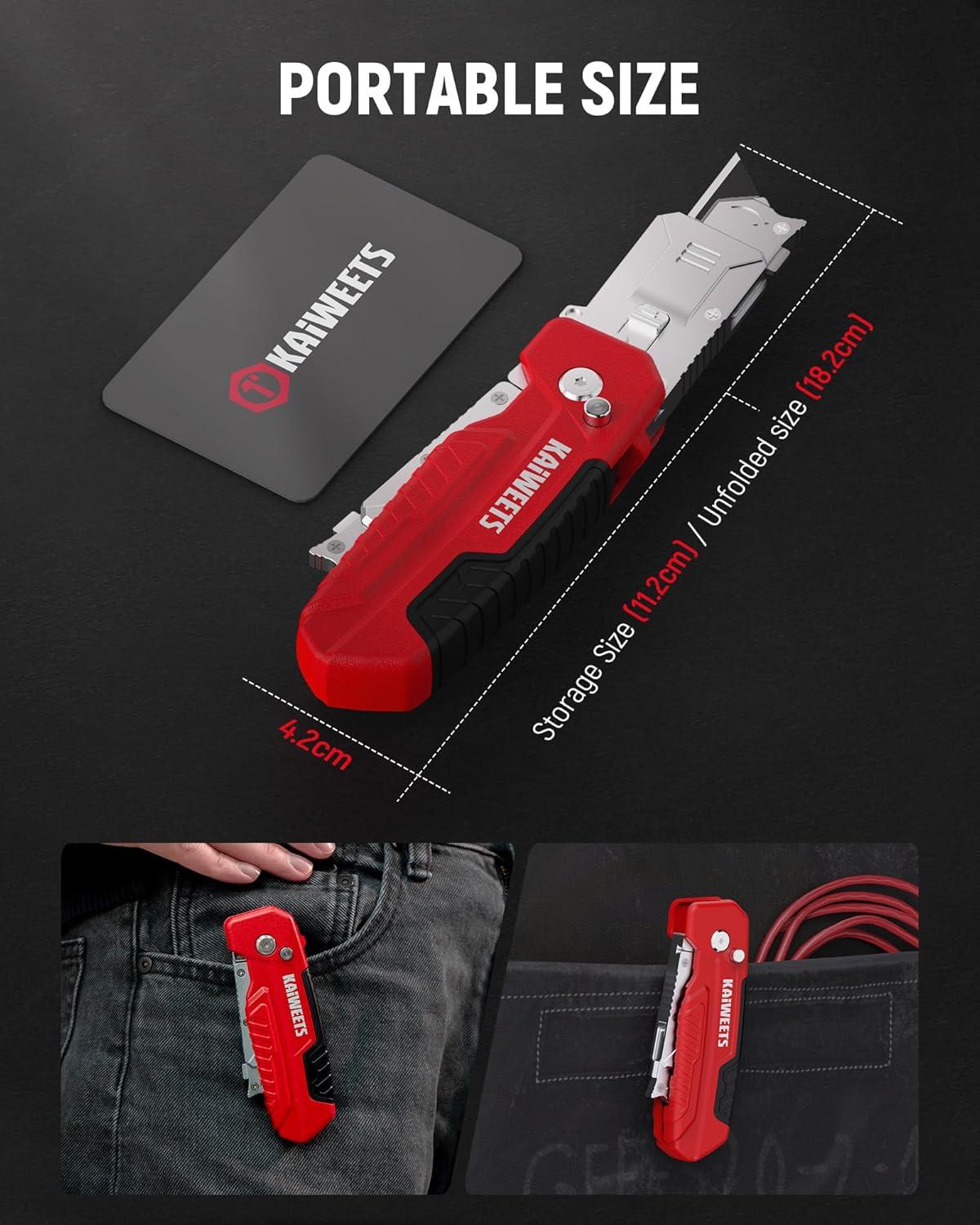 imageKAIWEETS Utility Knife Scraper 2in1 Folding Box Cutter with Blade Storage Heavy Duty Zinc Alloy Body Retractable Design 12pcs SK2 Black Blades replacement EDC Tool for Home Office DIY Red