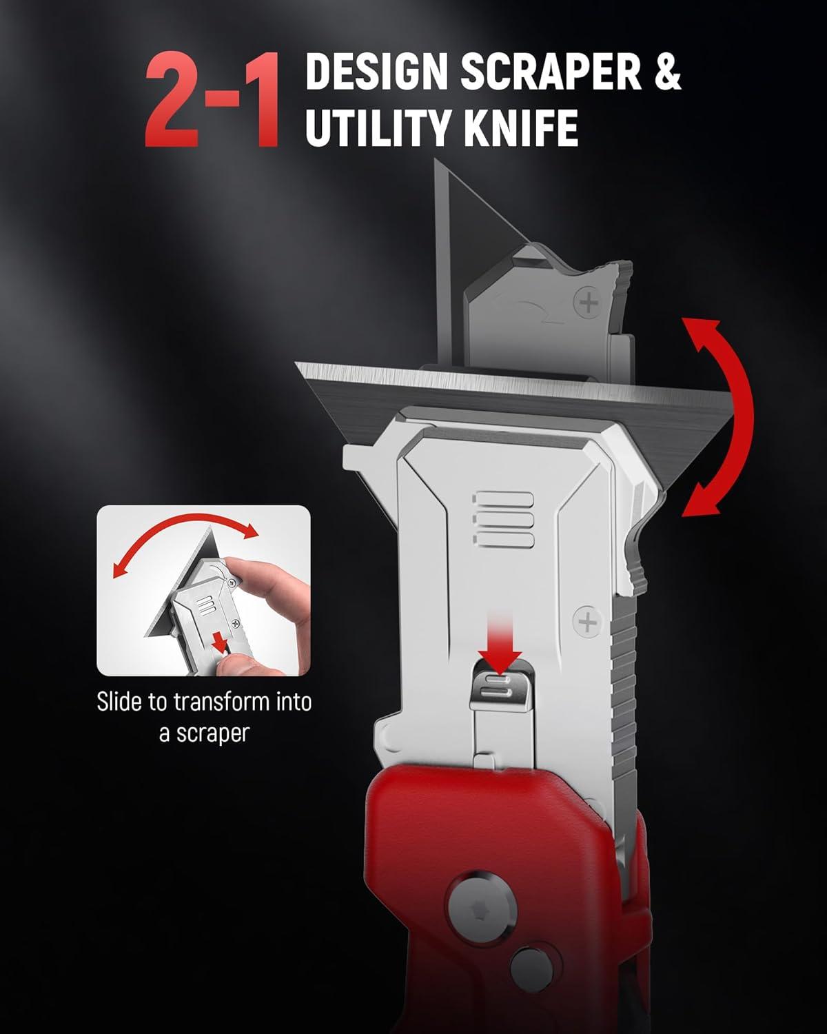 imageKAIWEETS Utility Knife Scraper 2in1 Folding Box Cutter with Blade Storage Heavy Duty Zinc Alloy Body Retractable Design 12pcs SK2 Black Blades replacement EDC Tool for Home Office DIY Red