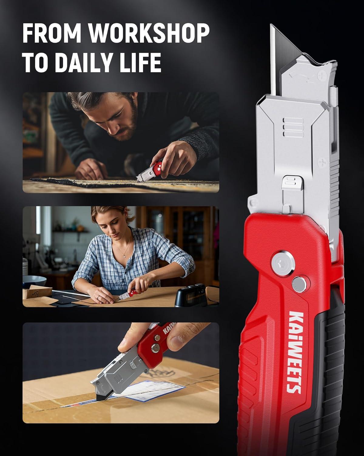 imageKAIWEETS Utility Knife Scraper 2in1 Folding Box Cutter with Blade Storage Heavy Duty Zinc Alloy Body Retractable Design 12pcs SK2 Black Blades replacement EDC Tool for Home Office DIY Red