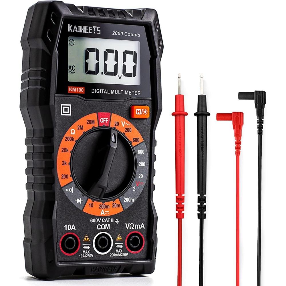 imageKAIWEETS Digital Multimeter with Case DC AC Voltmeter Ohm Volt Amp Test Meter and Continuity Test Diode Voltage Tester for Household Outlet Automotive Battery Test AntiBurn with Double FusesKM100