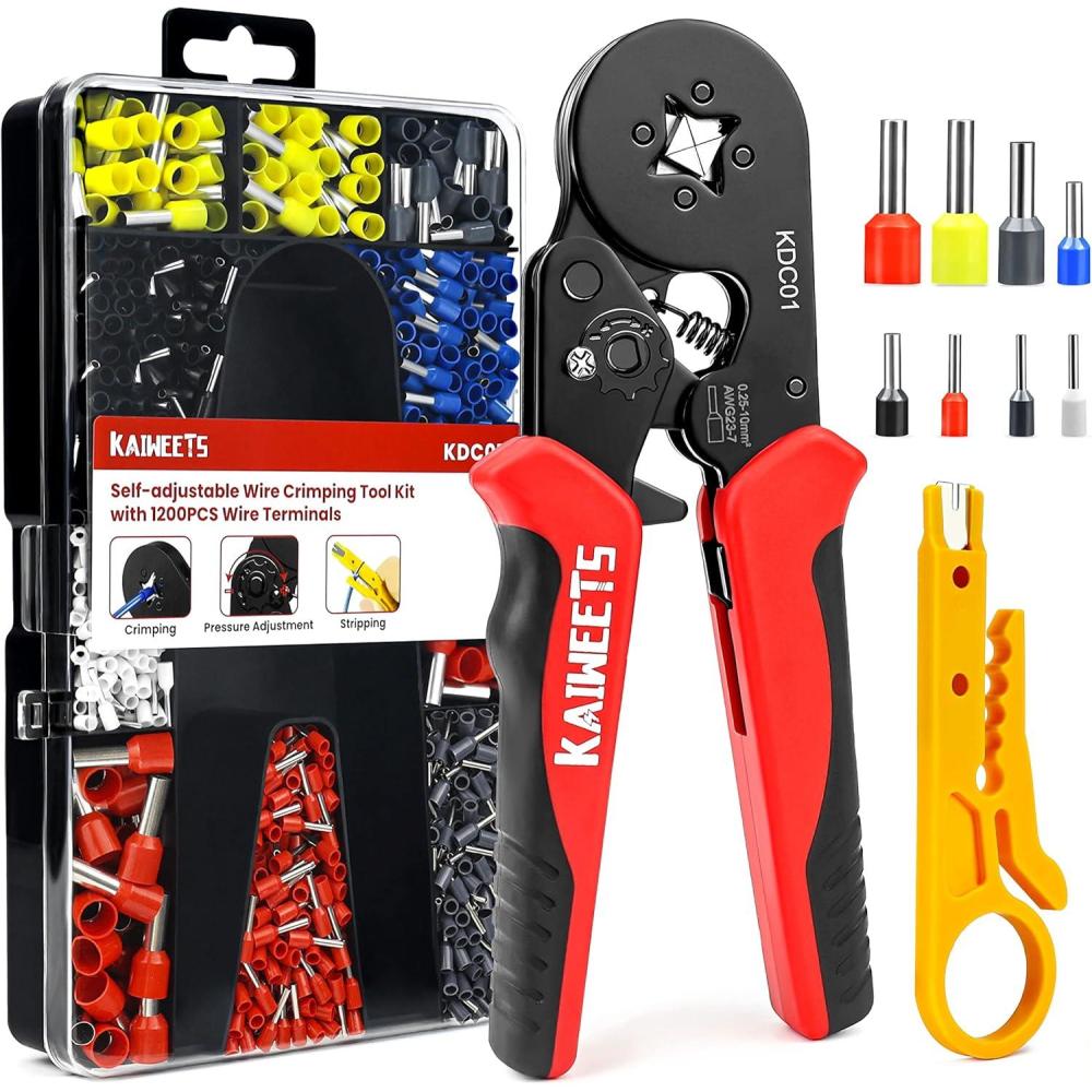 imageKAIWEETS Ferrule Crimping Tool Kit AWG 237 Selfadjustable Wire Ferrule Crimper Plier Set with 1200pcs Wire Terminals Crimping Connectors Wire Ends Ferrules