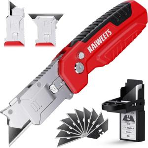 imageKAIWEETS Utility Knife Scraper 2in1 Folding Box Cutter with Blade Storage Heavy Duty Zinc Alloy Body Retractable Design 12pcs SK2 Black Blades replacement EDC Tool for Home Office DIY Red