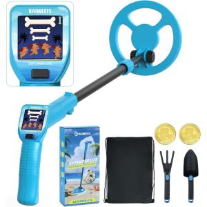 imageKAIWEETS Metal Detector for Kids with Animated Color LCD Lightweight Adjustable Stem Treasure Hunt Birthday Gift Complete Kit with Backpack 2 Bonus Coins 9V Battery Shovel Rake