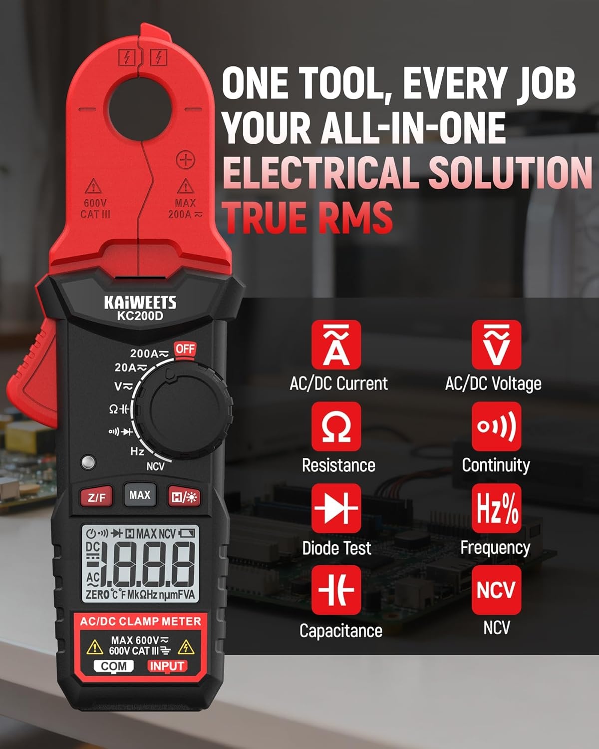 image:imageKAIWEETS Digital Clamp Meter Portable Size 2000 Counts Measures High AC Current 400A 600V ACDC Voltage Resistance Continuity Diode Auto Ranging Multimter Voltage Tester KC400Red