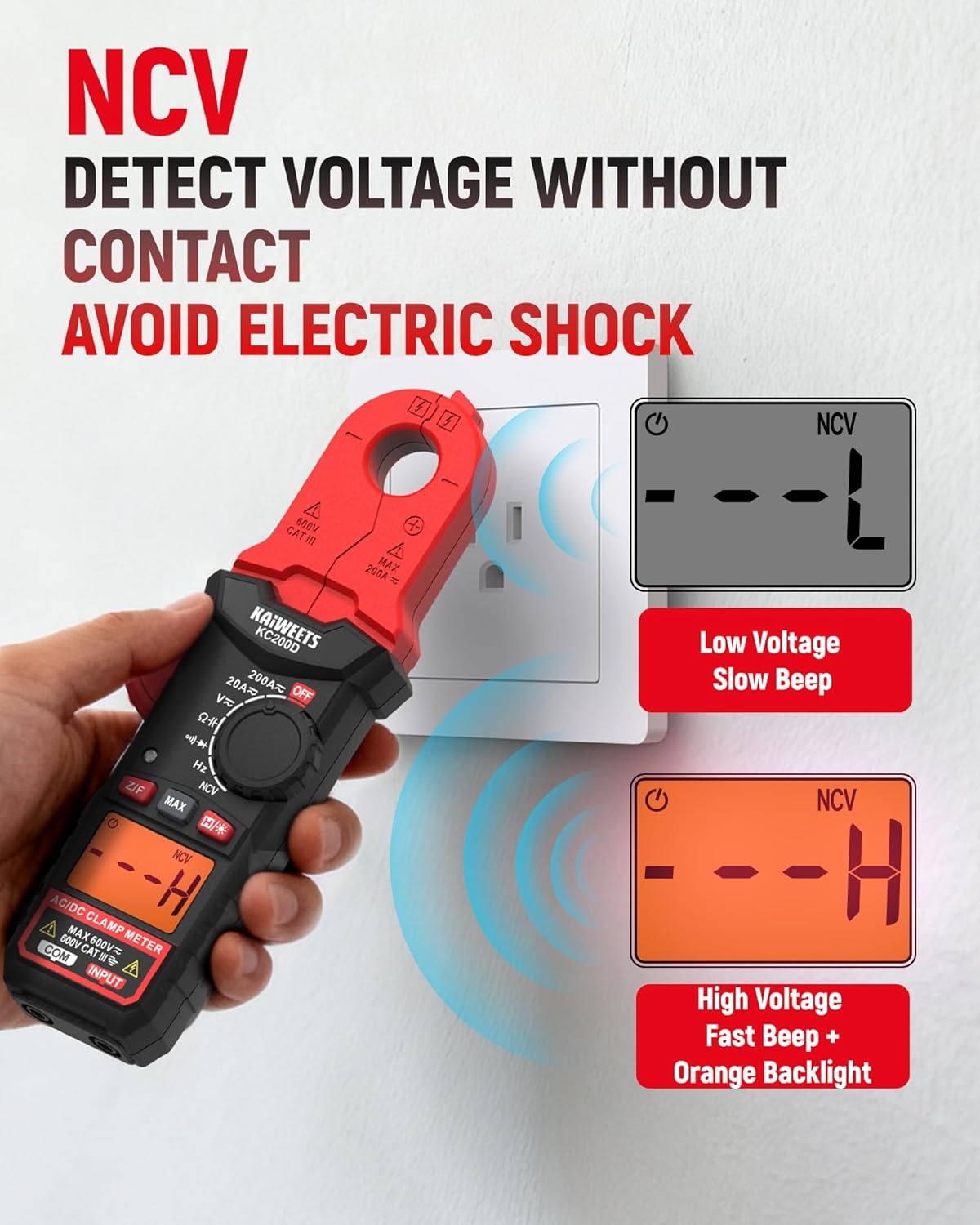 image:imageKAIWEETS Digital Clamp Meter Portable Size 2000 Counts Measures High AC Current 400A 600V ACDC Voltage Resistance Continuity Diode Auto Ranging Multimter Voltage Tester KC400Red