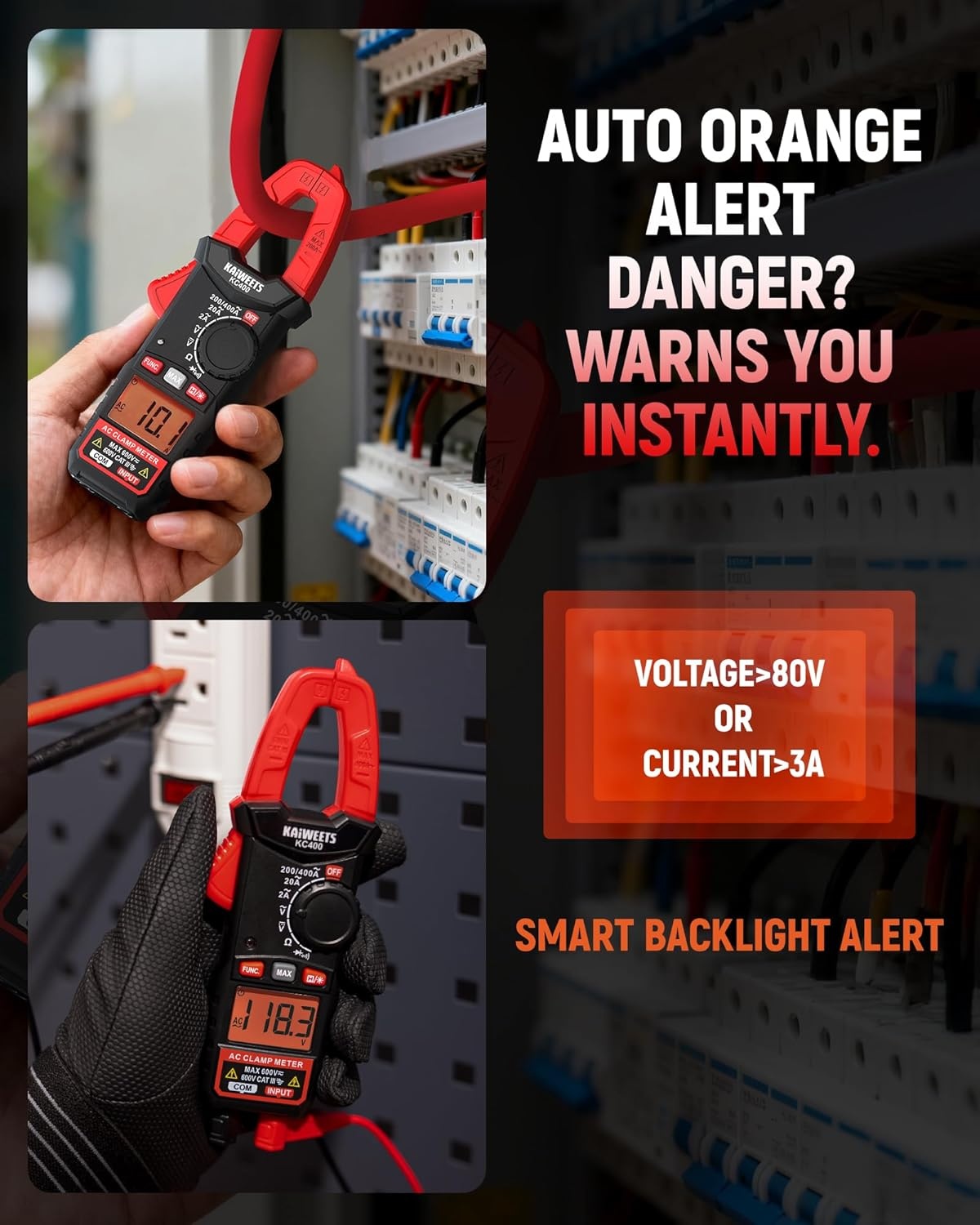 image:imageKAIWEETS Digital Clamp Meter Portable Size 2000 Counts Measures High AC Current 400A 600V ACDC Voltage Resistance Continuity Diode Auto Ranging Multimter Voltage Tester KC400Black