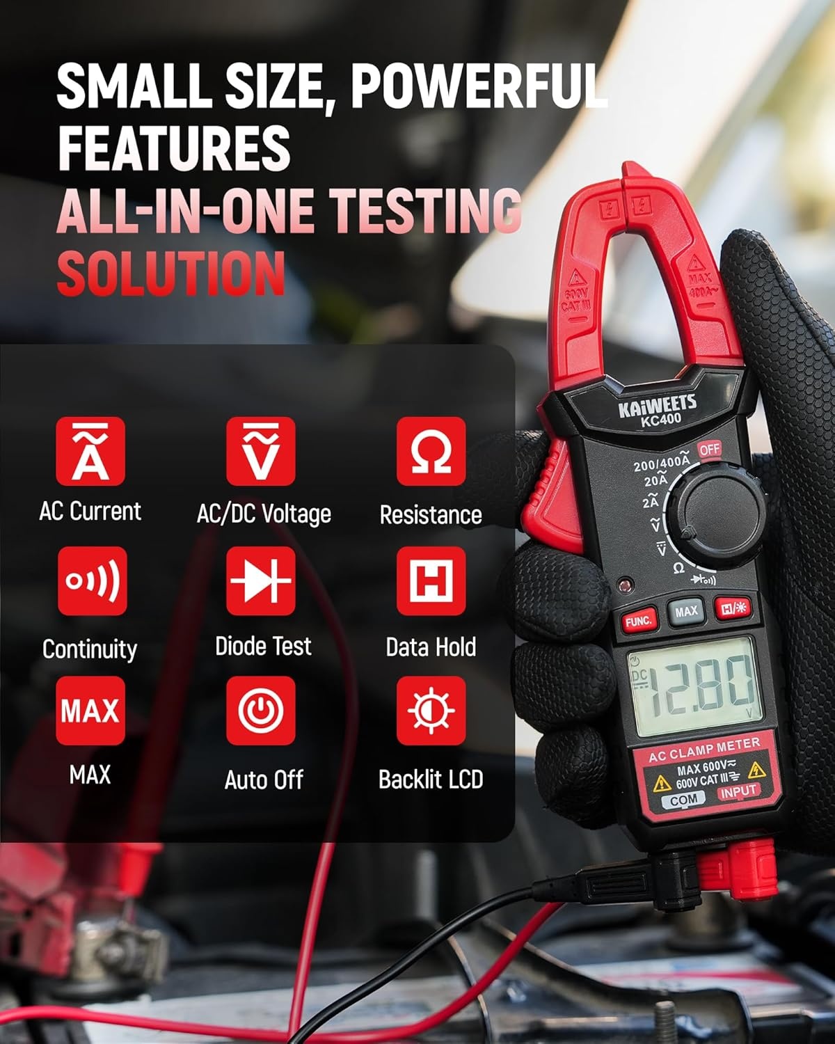 image:imageKAIWEETS Digital Clamp Meter Portable Size 2000 Counts Measures High AC Current 400A 600V ACDC Voltage Resistance Continuity Diode Auto Ranging Multimter Voltage Tester KC400Black