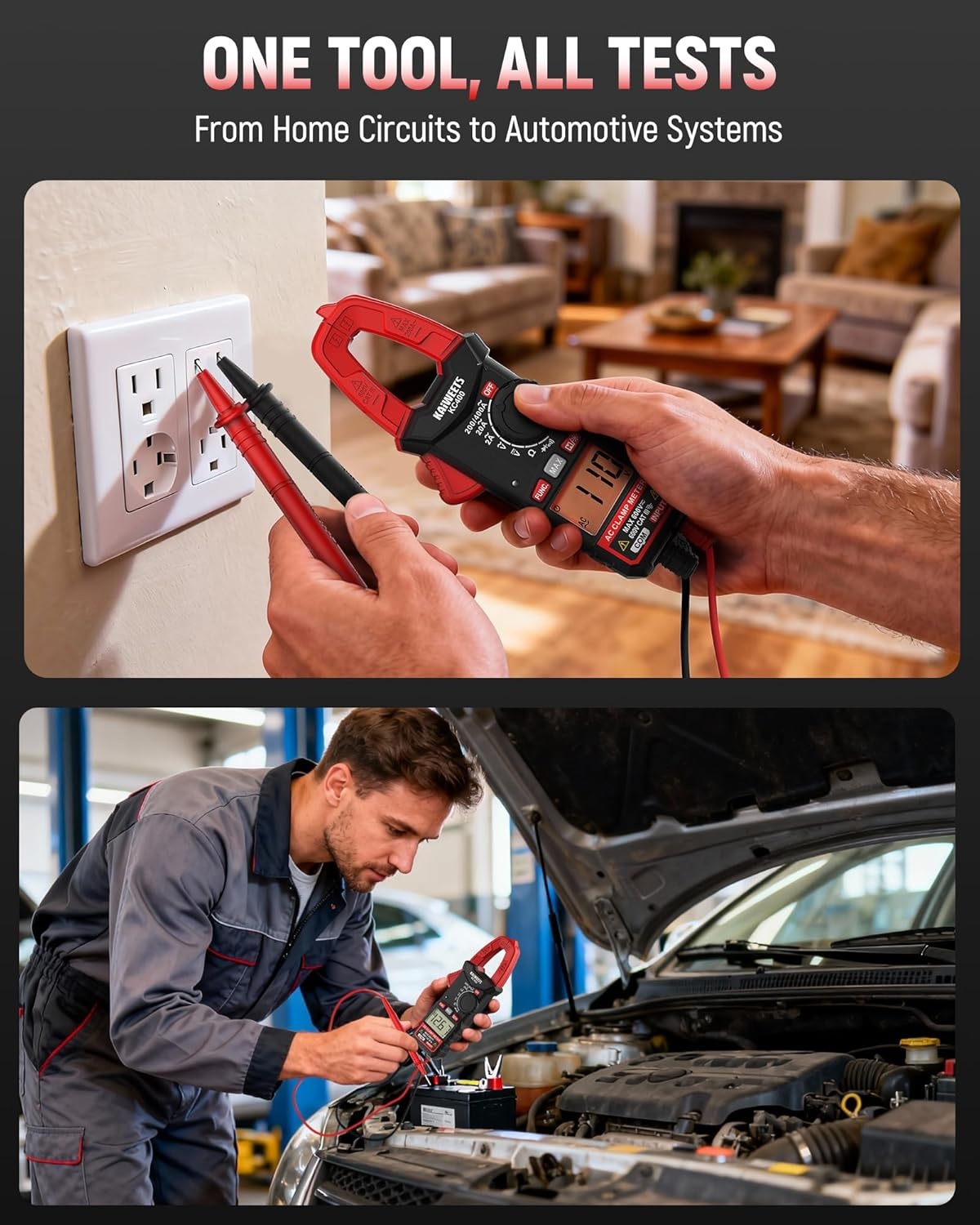 image:imageKAIWEETS Digital Clamp Meter Portable Size 2000 Counts Measures High AC Current 400A 600V ACDC Voltage Resistance Continuity Diode Auto Ranging Multimter Voltage Tester KC400Black