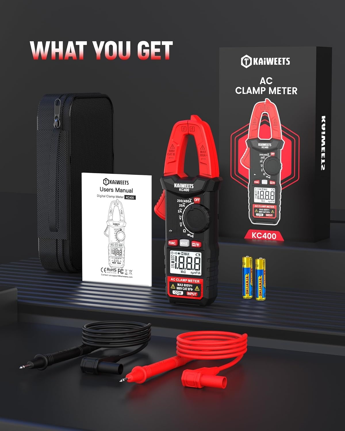 image:imageKAIWEETS Digital Clamp Meter Portable Size 2000 Counts Measures High AC Current 400A 600V ACDC Voltage Resistance Continuity Diode Auto Ranging Multimter Voltage Tester KC400Black