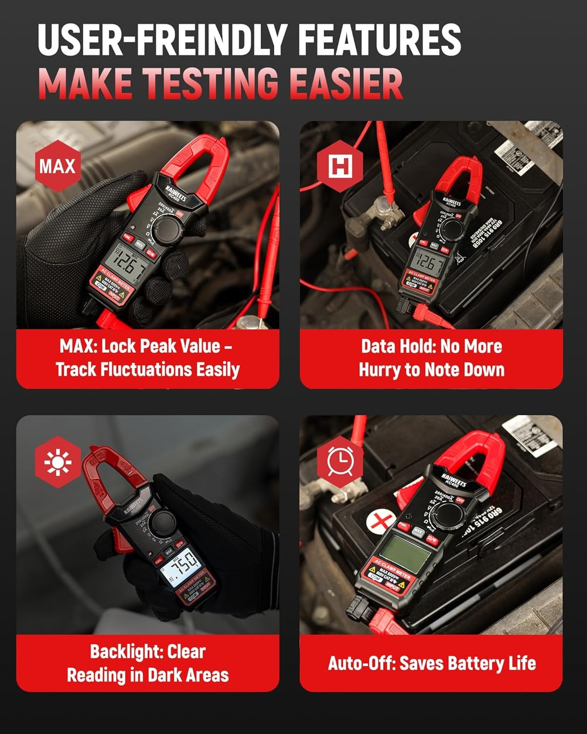 image:imageKAIWEETS Digital Clamp Meter Portable Size 2000 Counts Measures High AC Current 400A 600V ACDC Voltage Resistance Continuity Diode Auto Ranging Multimter Voltage Tester KC400Black
