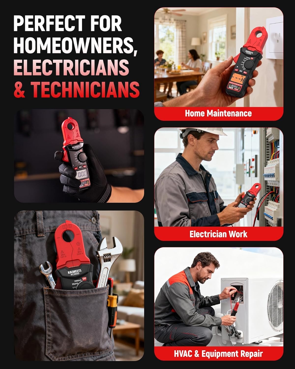 image:imageKAIWEETS Digital Clamp Meter Portable Size 2000 Counts Measures High AC Current 400A 600V ACDC Voltage Resistance Continuity Diode Auto Ranging Multimter Voltage Tester KC400Red