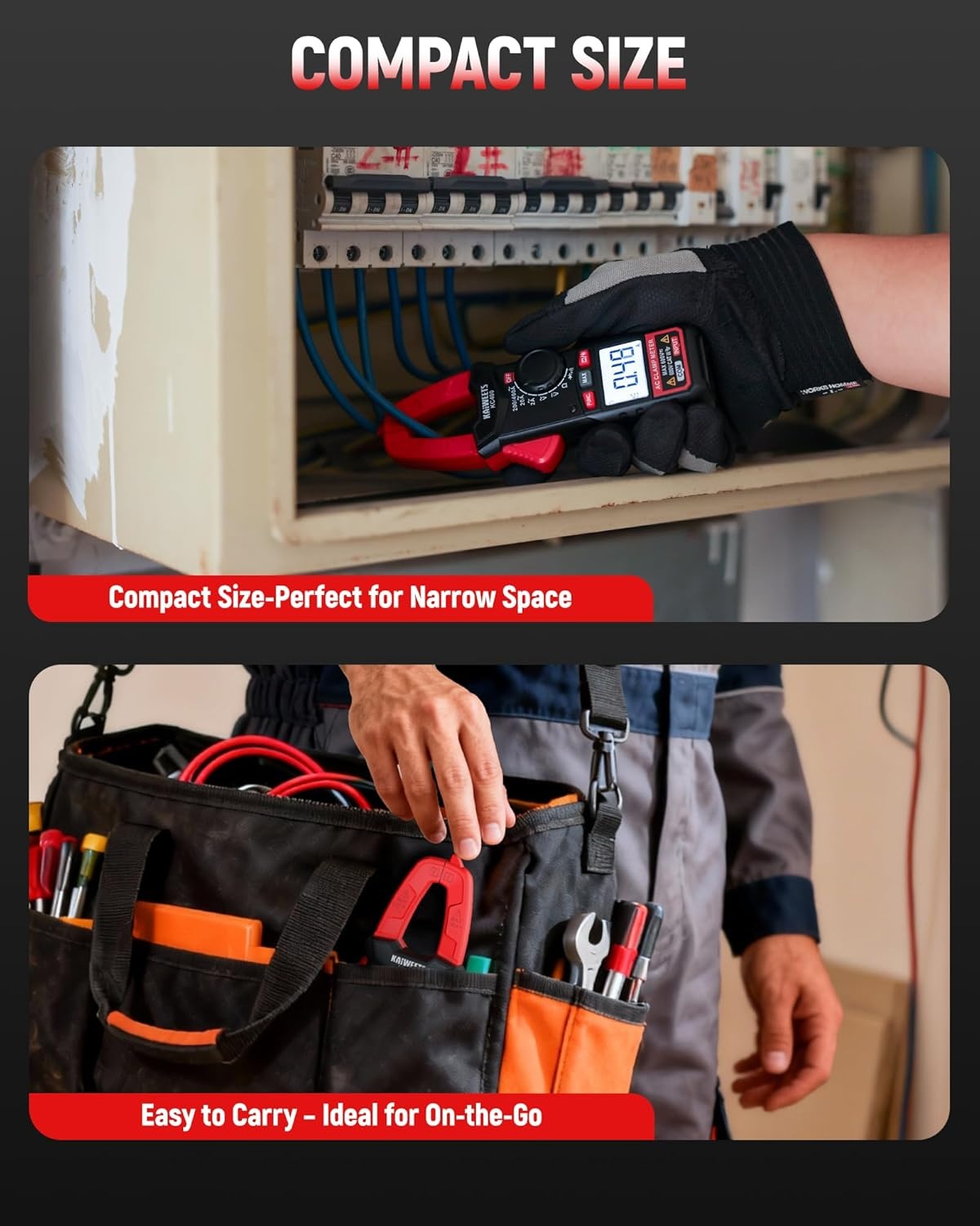 image:imageKAIWEETS Digital Clamp Meter Portable Size 2000 Counts Measures High AC Current 400A 600V ACDC Voltage Resistance Continuity Diode Auto Ranging Multimter Voltage Tester KC400Black
