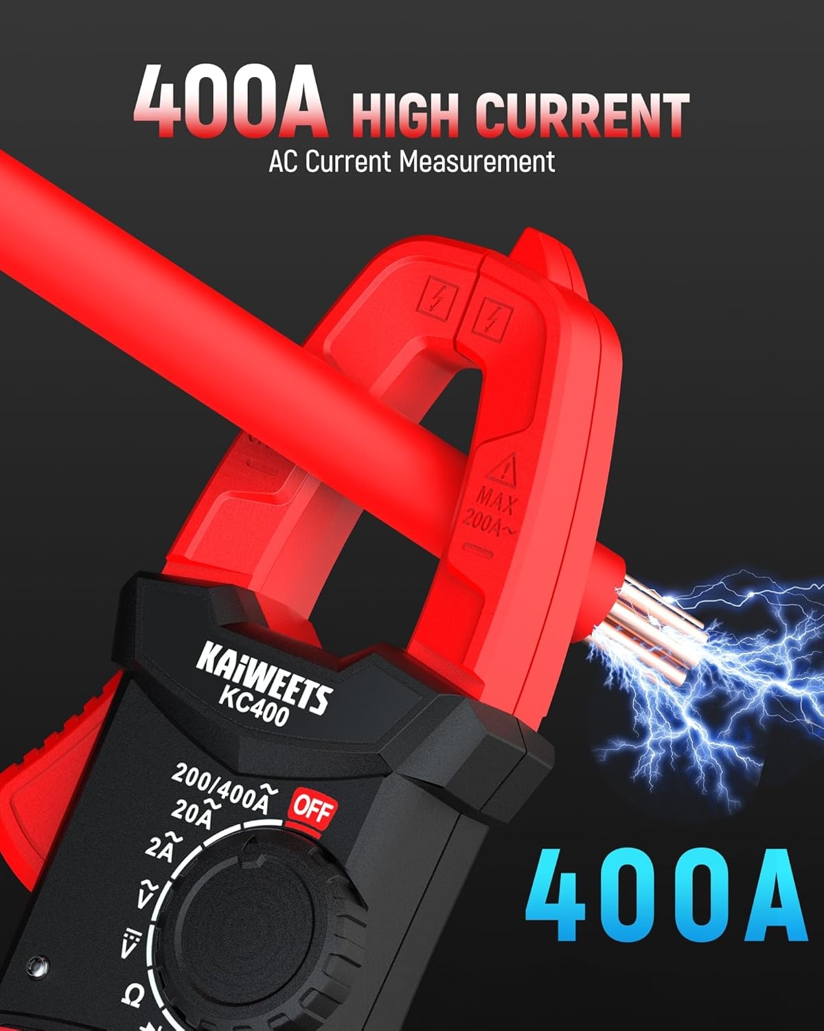 image:imageKAIWEETS Digital Clamp Meter Portable Size 2000 Counts Measures High AC Current 400A 600V ACDC Voltage Resistance Continuity Diode Auto Ranging Multimter Voltage Tester KC400Black
