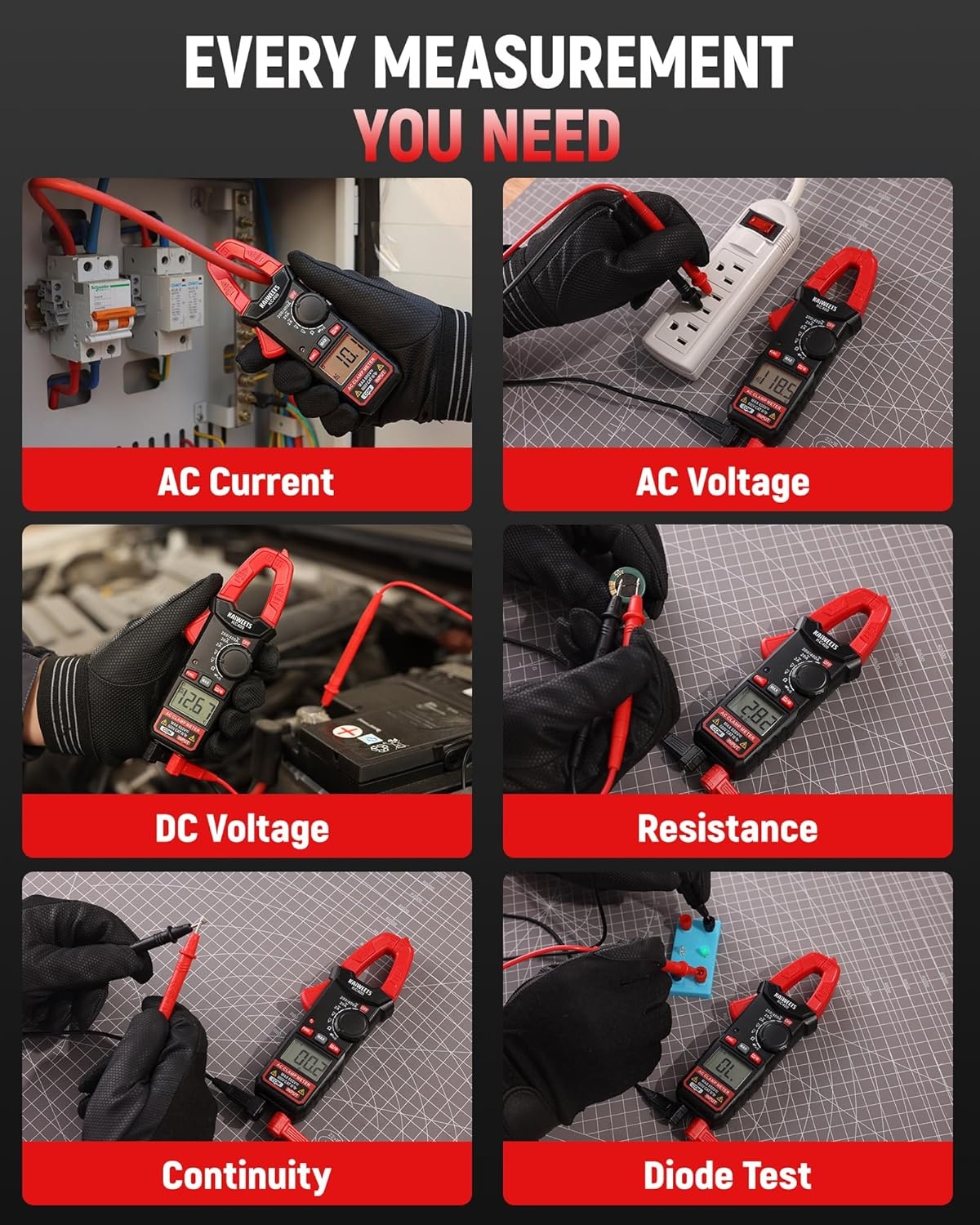 image:imageKAIWEETS Digital Clamp Meter Portable Size 2000 Counts Measures High AC Current 400A 600V ACDC Voltage Resistance Continuity Diode Auto Ranging Multimter Voltage Tester KC400Black