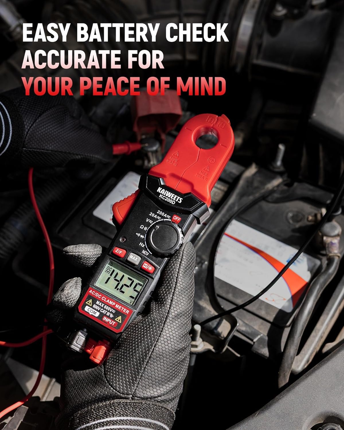 image:imageKAIWEETS Digital Clamp Meter Portable Size 2000 Counts Measures High AC Current 400A 600V ACDC Voltage Resistance Continuity Diode Auto Ranging Multimter Voltage Tester KC400Red