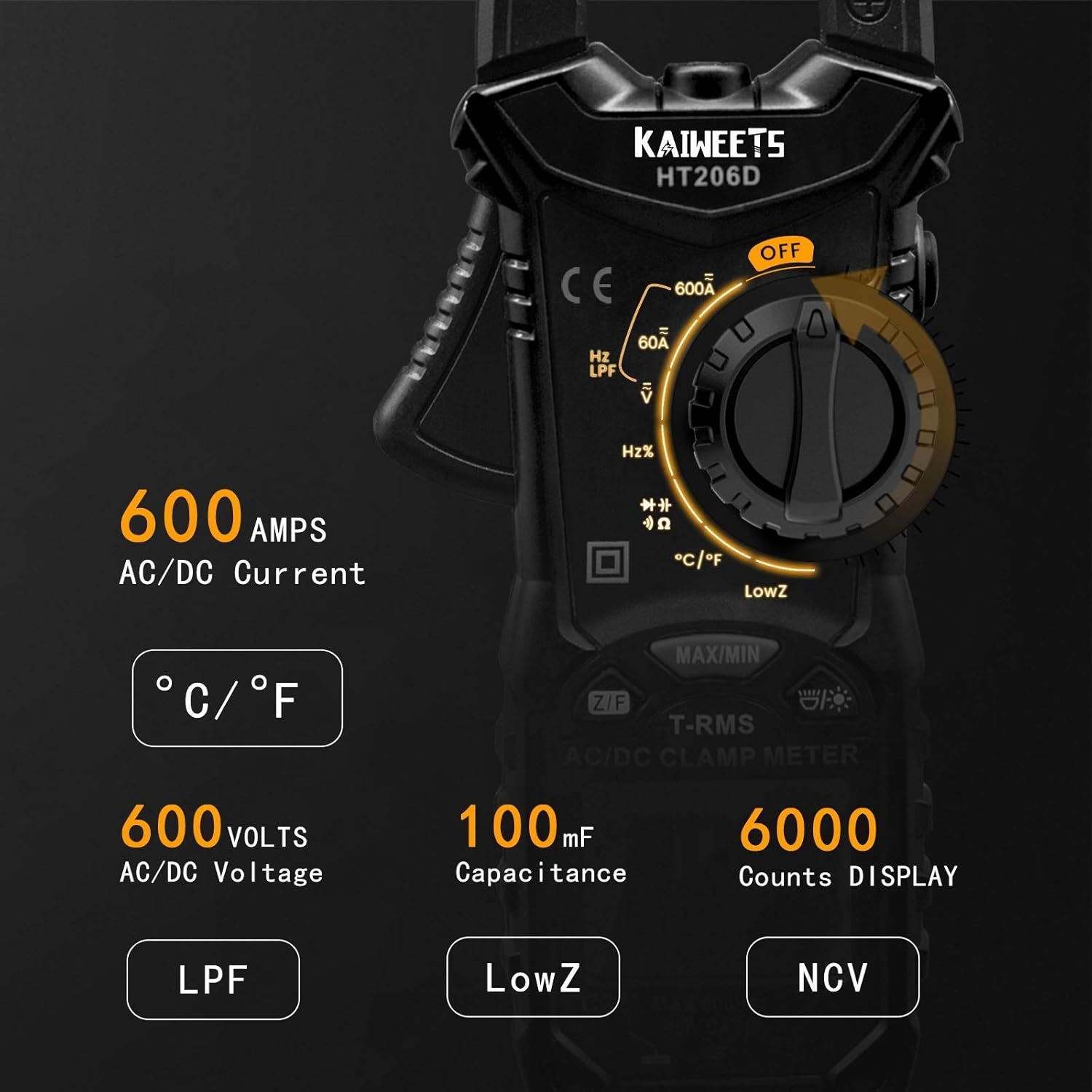 image:imageKAIWEETS Digital Clamp Meter TRMS 6000 Counts with 23PCS Test Leads Kit for Multimeter with Electrical Alligator Clips Multimeter Voltage Tester Autoranging Measures Current Voltage Temperature C