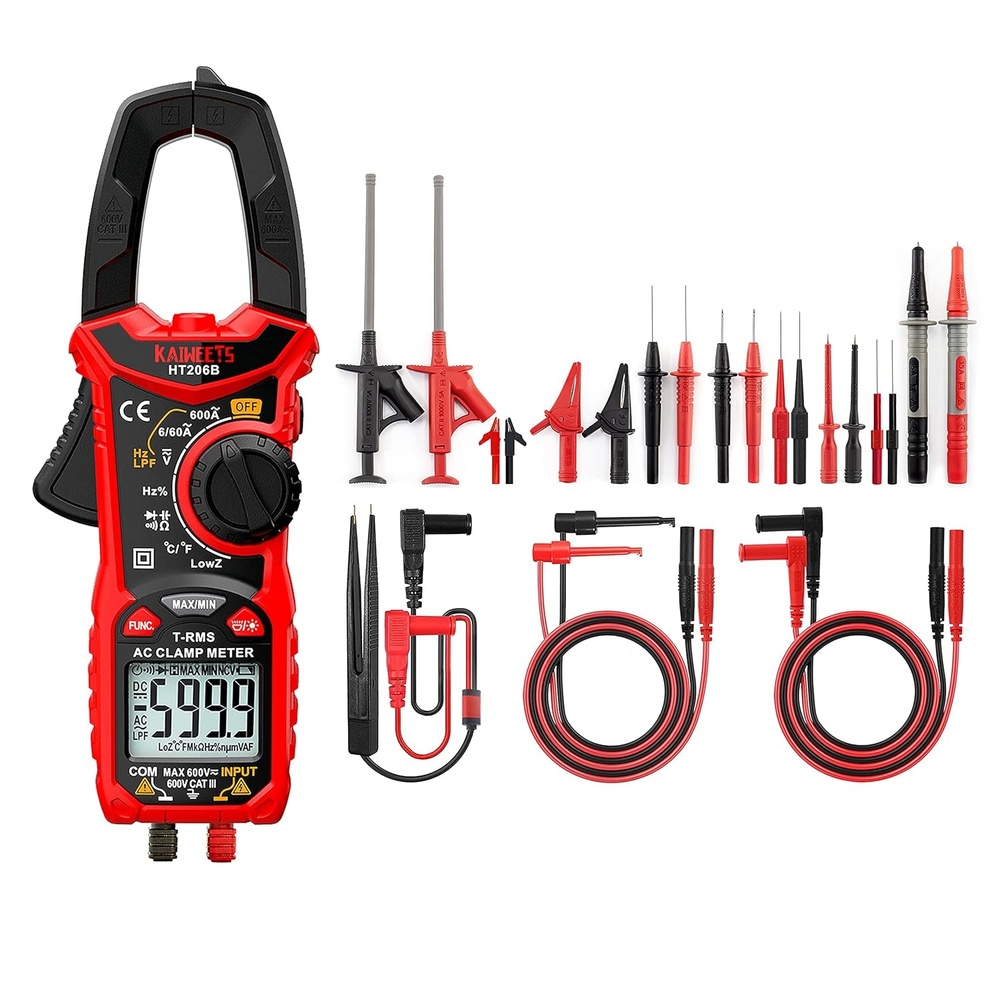 image:imageKAIWEETS Digital Clamp Meter TRMS 6000 Counts with 23PCS Test Leads Kit for Multimeter with Electrical Alligator Clips Multimeter Voltage Tester Autoranging Measures Current Voltage Temperature C