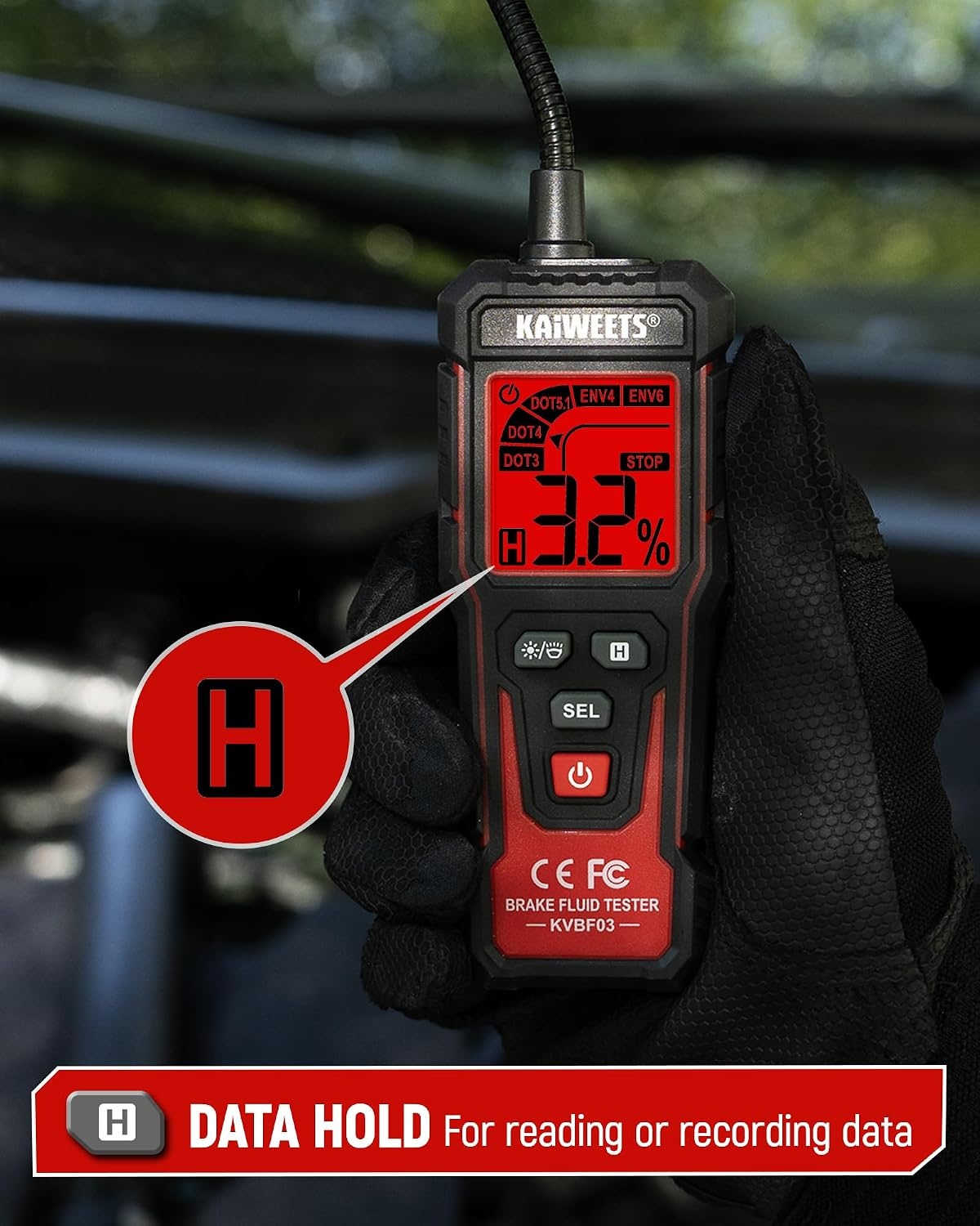 image:imageKAIWEETS Brake Fluid Tester Digital Brake Fluid Tester with Flexible Gooseneck CorrosionResistant Probe amp Data Hold 3Color Backlight for DOT3 DOT4 DOT51 ENV4 ENV6