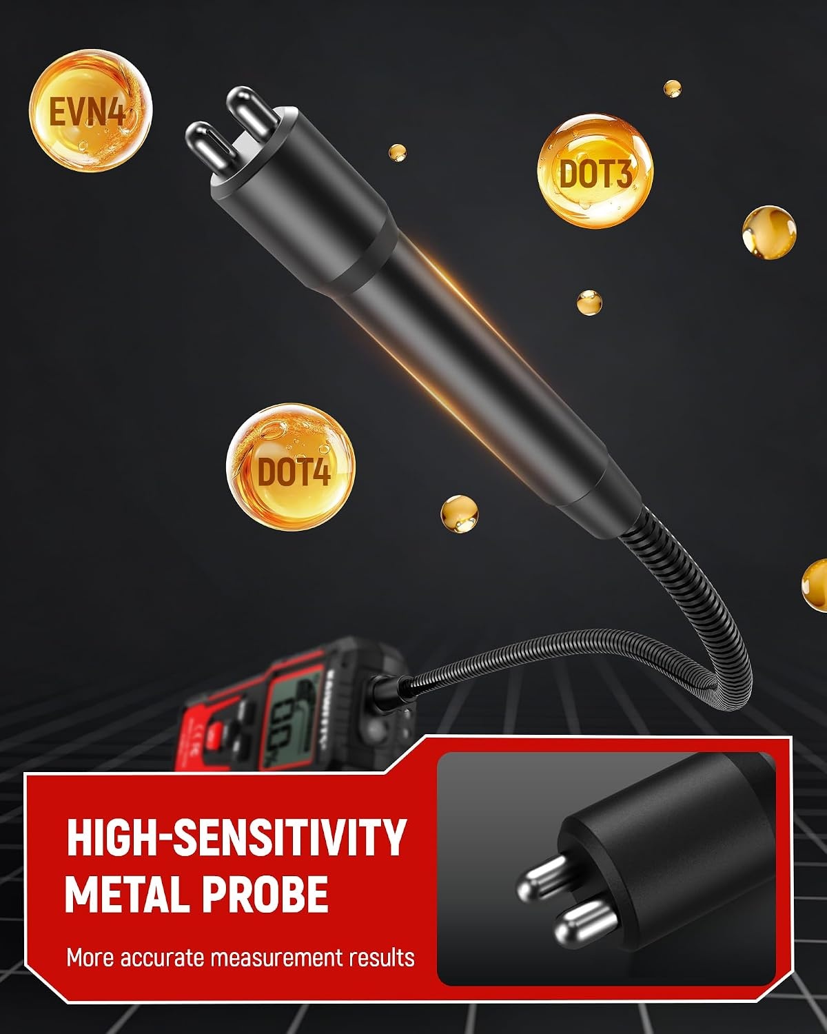 image:imageKAIWEETS Brake Fluid Tester Digital Brake Fluid Tester with Flexible Gooseneck CorrosionResistant Probe amp Data Hold 3Color Backlight for DOT3 DOT4 DOT51 ENV4 ENV6