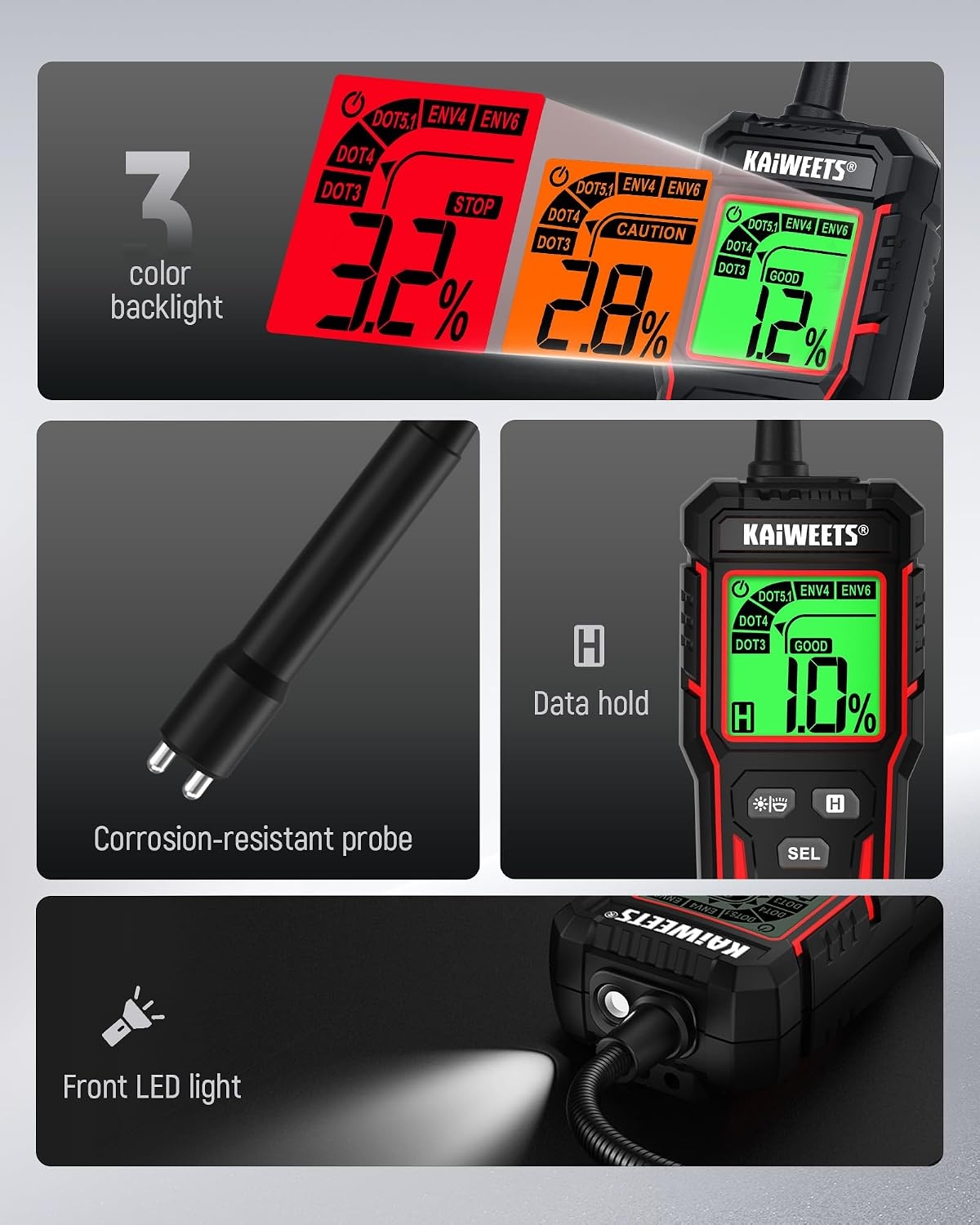 image:imageKAIWEETS Brake Fluid Tester Digital Brake Fluid Tester with Flexible Gooseneck CorrosionResistant Probe amp Data Hold 3Color Backlight for DOT3 DOT4 DOT51 ENV4 ENV6