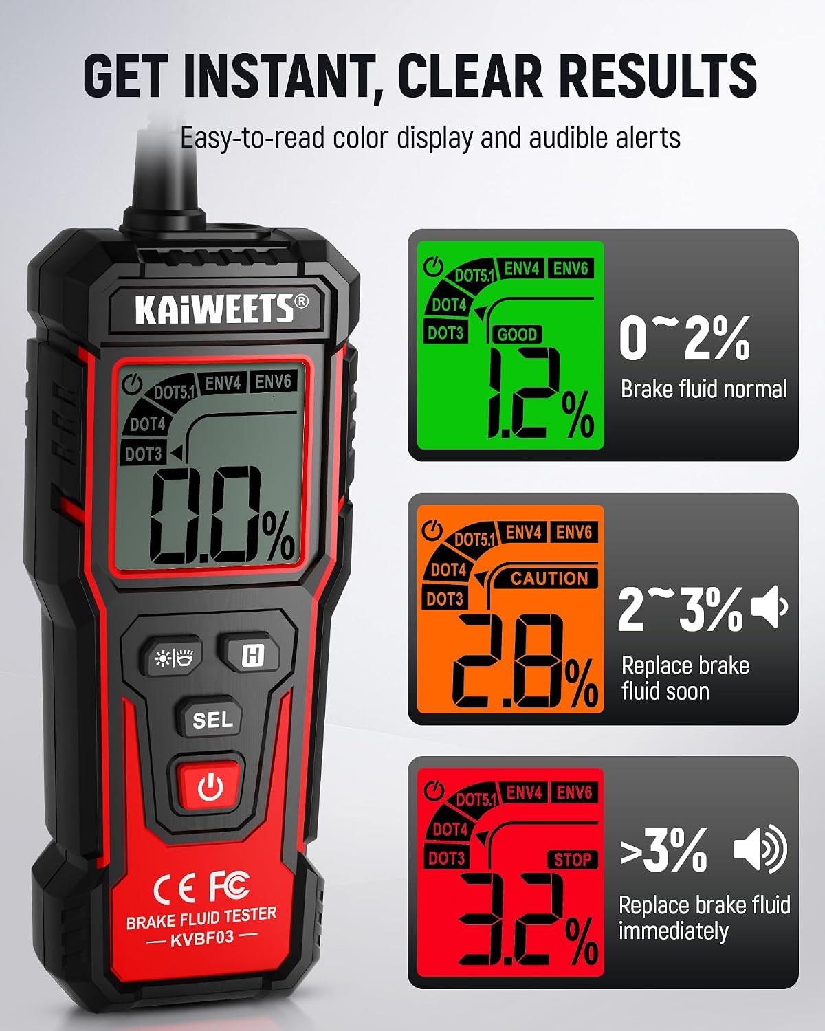 image:imageKAIWEETS Brake Fluid Tester Digital Brake Fluid Tester with Flexible Gooseneck CorrosionResistant Probe amp Data Hold 3Color Backlight for DOT3 DOT4 DOT51 ENV4 ENV6