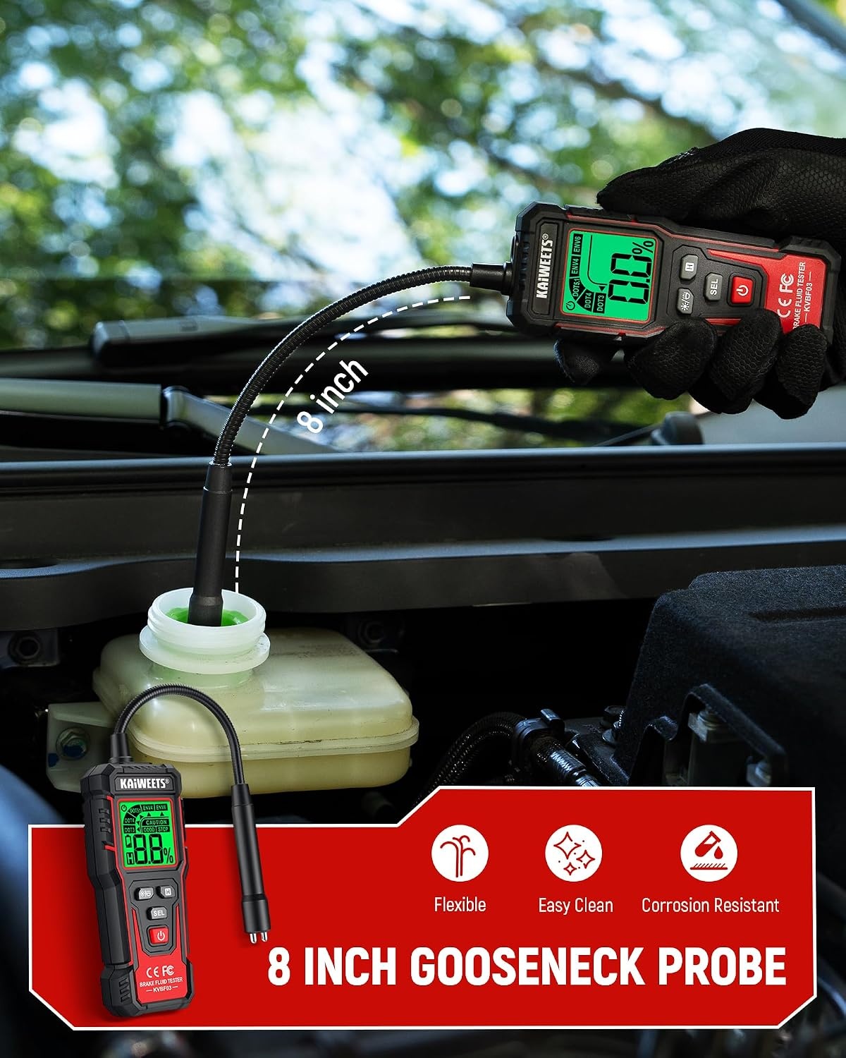 image:imageKAIWEETS Brake Fluid Tester Digital Brake Fluid Tester with Flexible Gooseneck CorrosionResistant Probe amp Data Hold 3Color Backlight for DOT3 DOT4 DOT51 ENV4 ENV6